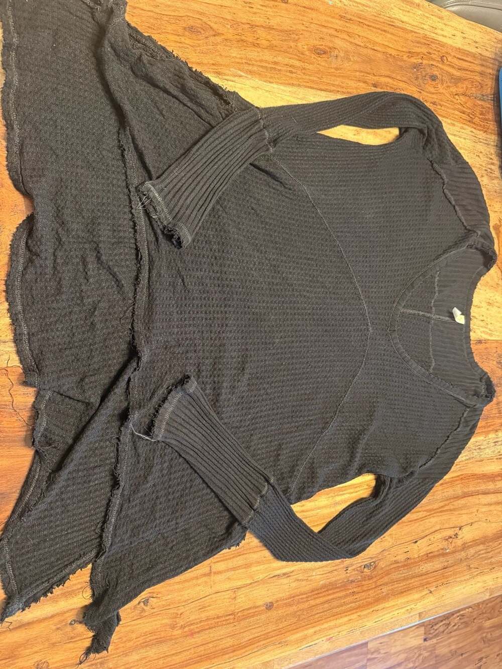 Free People Thermal Long Sleeve Top Size S Black Waffle Knit Raw Hem